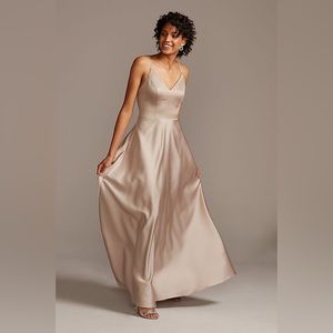 David’s bridal spaghetti strap satin a-line long bridesmaid dress in biscotti